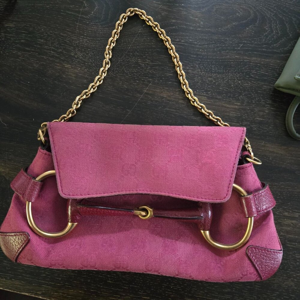 RARE! Tom Ford for Gucci 2004 Pink GG Canvas Horsebit Chain Clutch